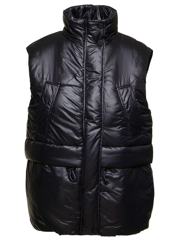 Black Down Vest With High-Neck And Drawstring Recycled Nylon Woman Blazers