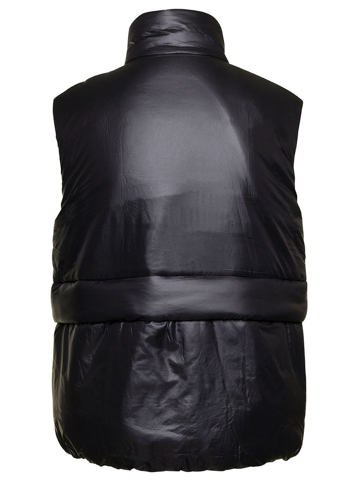 Black Down Vest With High-Neck And Drawstring Recycled Nylon Woman Blazers