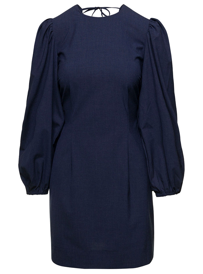 Mini Navy Blue Open-Back Dress With Balloon Sleeves Stretch Viscose Blend Woman Blu