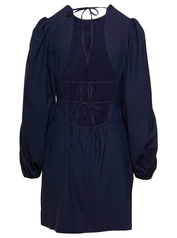 Mini Navy Blue Open-Back Dress With Balloon Sleeves Stretch Viscose Blend Woman Blu