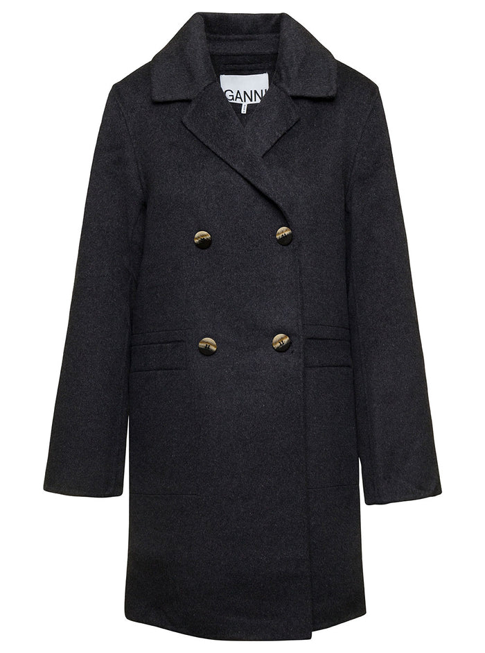 Midi Grey Double-Breasted Coat Wool Blend Woman Black