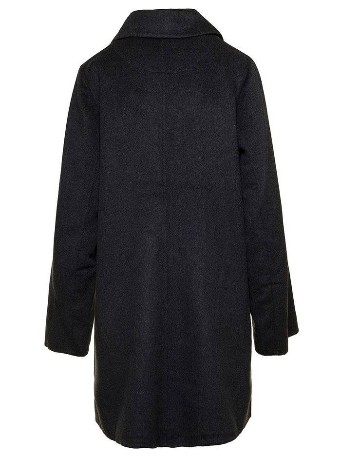 Midi Grey Double-Breasted Coat Wool Blend Woman Black
