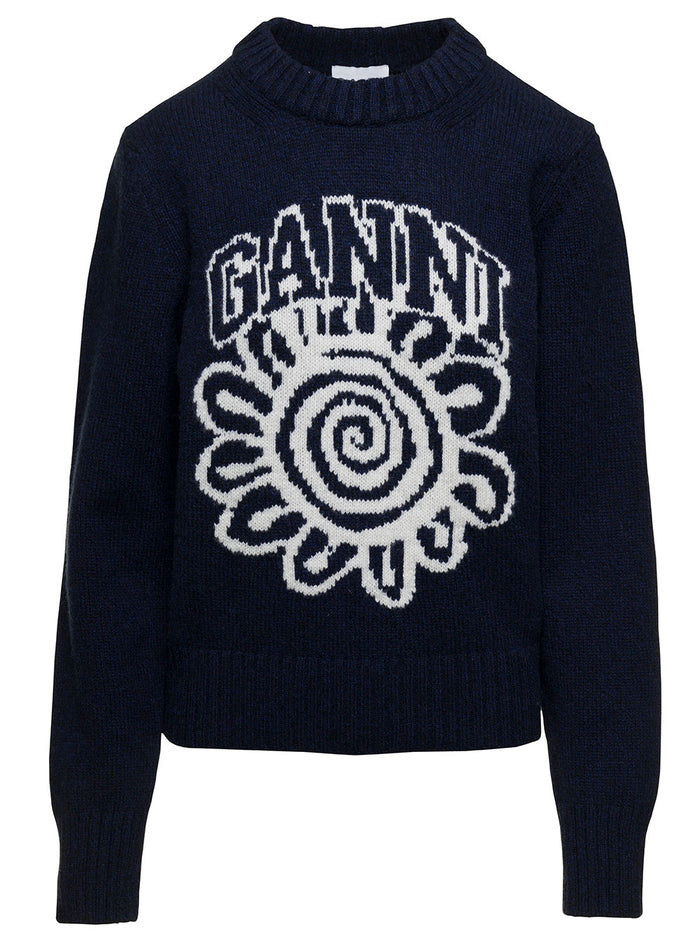 Blue Sweater With Intarsia Logo Detail Wool Blend Woman Blu Jersey