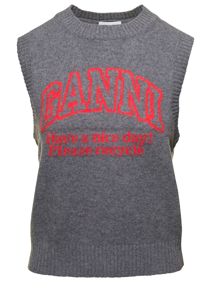 Grey Crewneck Vest With Contrasting Slogan Recycled Wool Blend Woman Jersey