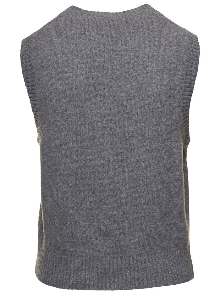 Grey Crewneck Vest With Contrasting Slogan Recycled Wool Blend Woman Jersey