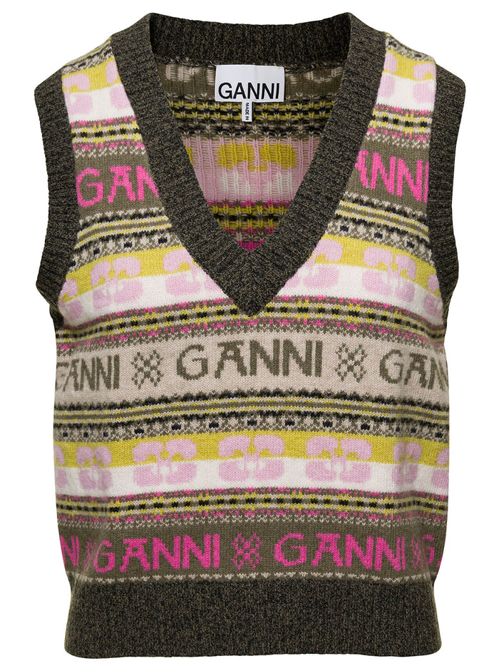 Multicolor Vest With Jacquard Logo Motif Wool Blend Woman Beige Jersey