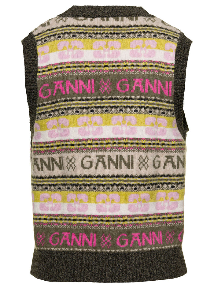 Multicolor Vest With Jacquard Logo Motif Wool Blend Woman Beige Jersey