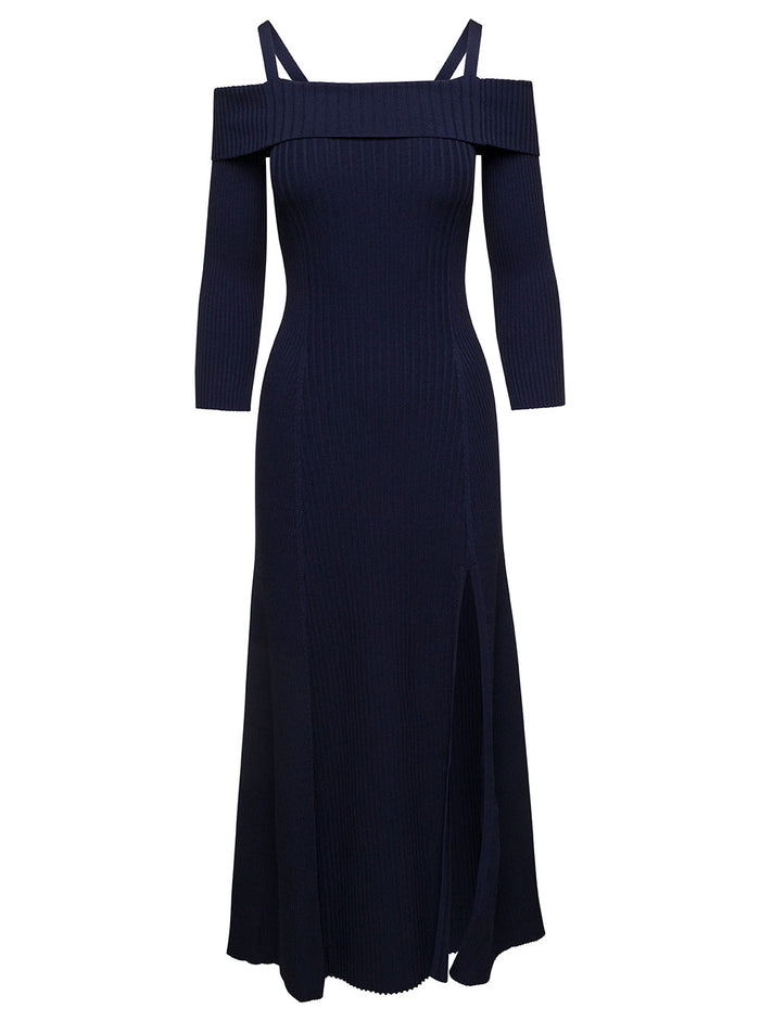 Maxi Blue Off Shoulder Dress With Flare Skirt Ribbed Knit Woman Blu Rayon Polyamide Elastane Long