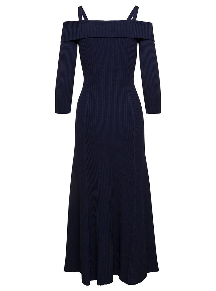 Maxi Blue Off Shoulder Dress With Flare Skirt Ribbed Knit Woman Blu Rayon Polyamide Elastane Long