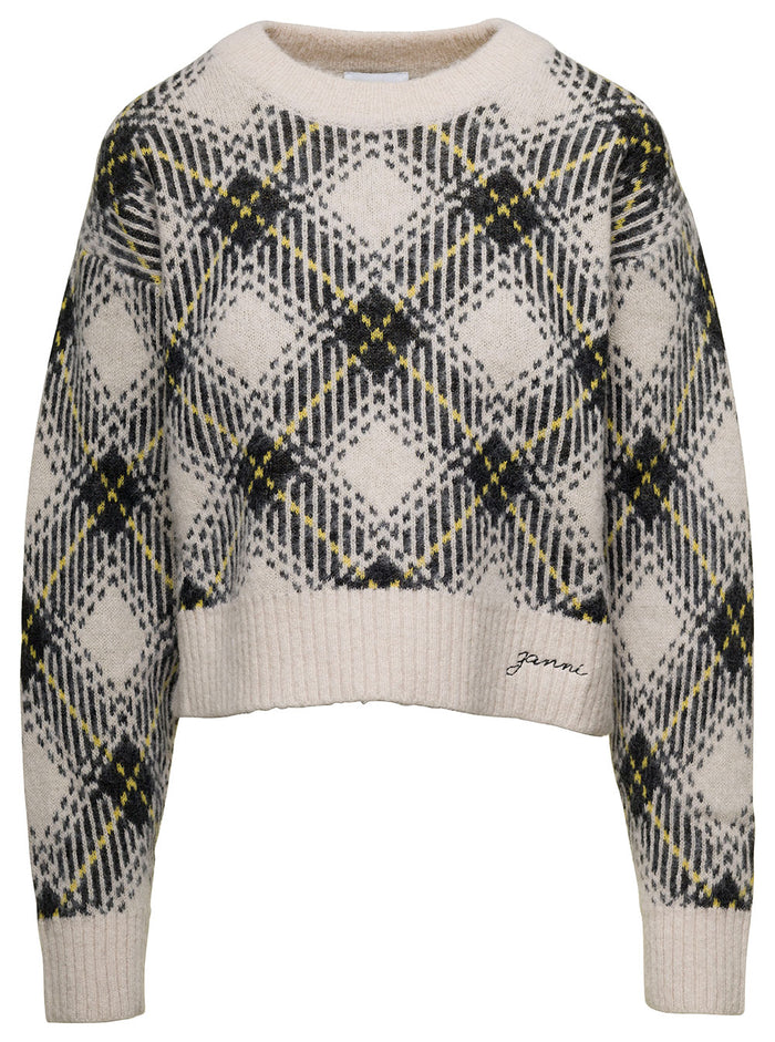 Multicolor Cropped Sweater With Check Print Wool Woman Grey Jersey
