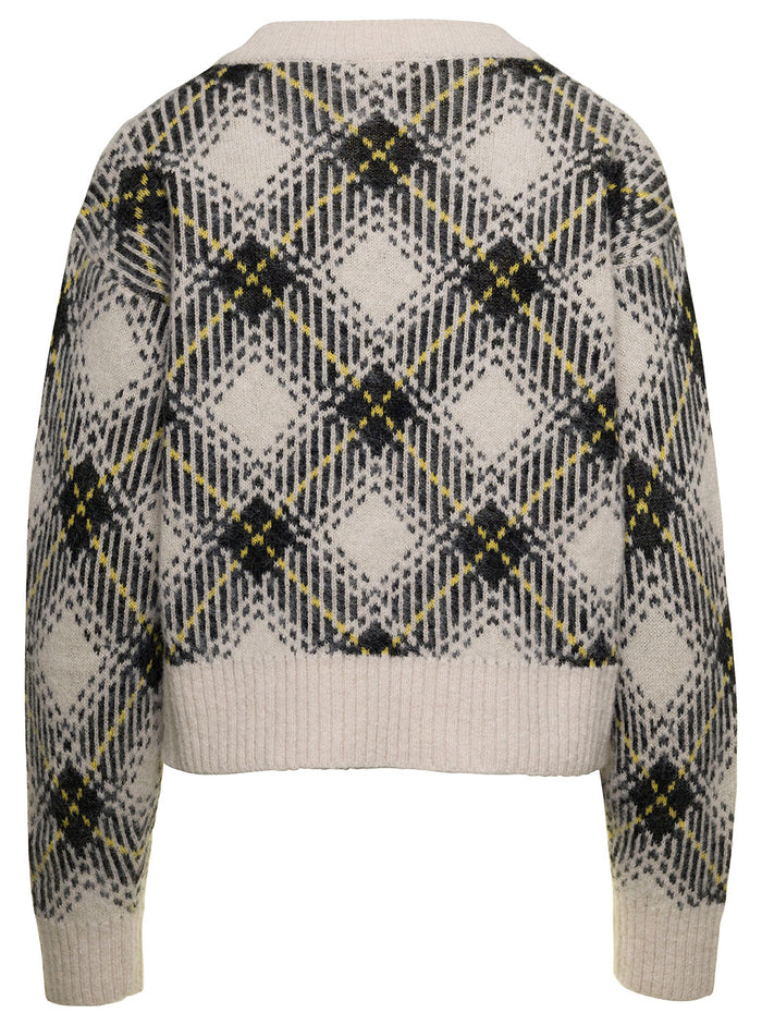 Multicolor Cropped Sweater With Check Print Wool Woman Grey Jersey