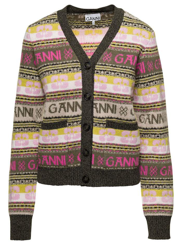 Multicolor Cardigan With Logo Motif Jacquard Wool Blend Woman Beige Jersey