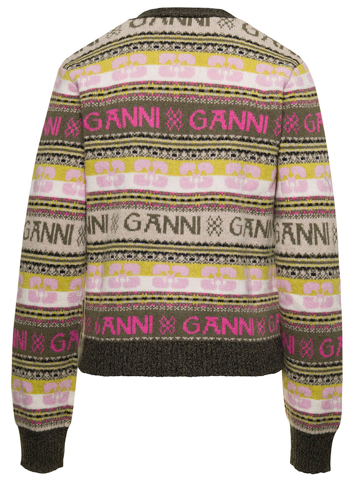 Multicolor Cardigan With Logo Motif Jacquard Wool Blend Woman Beige Jersey