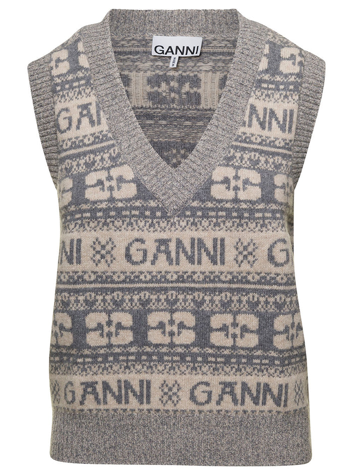 Grey Vest With Jacquard Logo Motif Wool Blend Woman Jersey