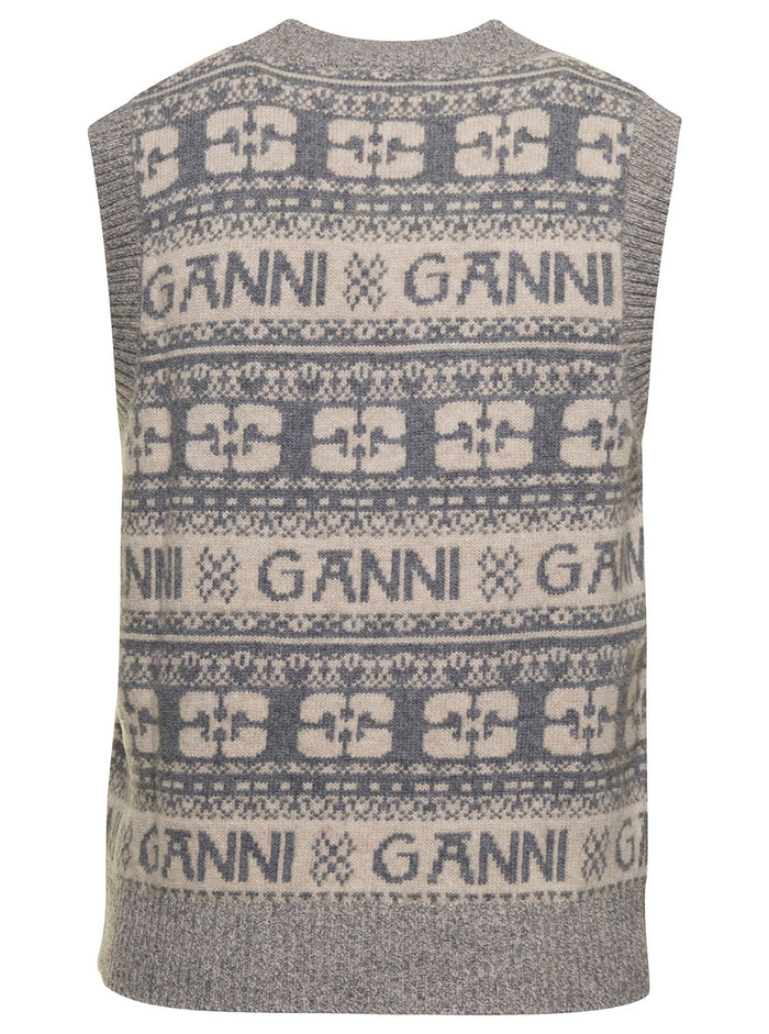 Grey Vest With Jacquard Logo Motif Wool Blend Woman Jersey