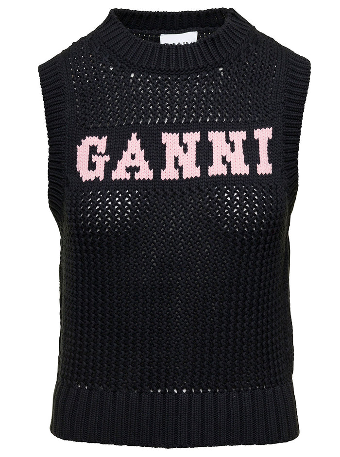 Black Crewneck Vest With Jacquard Logo Perforated Knit Woman Cotton Poliamide Jersey
