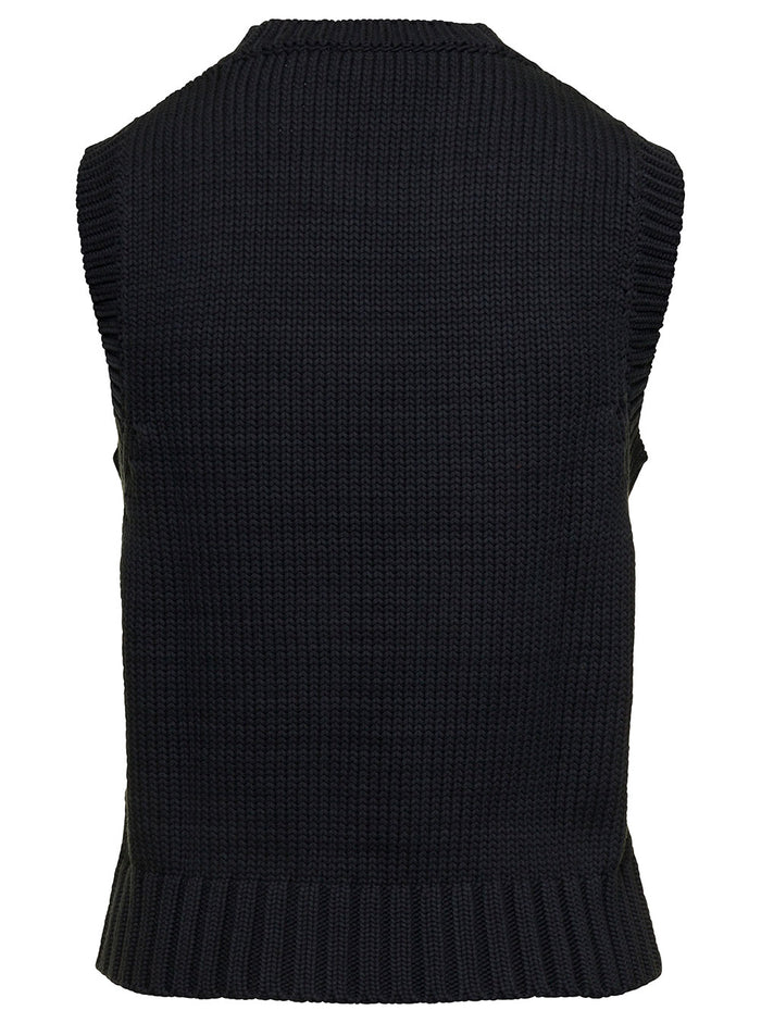Black Crewneck Vest With Jacquard Logo Perforated Knit Woman Cotton Poliamide Jersey