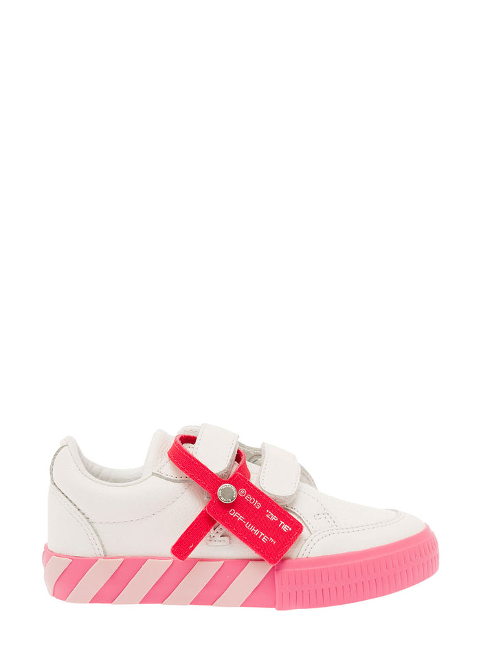 White Low Top Velcro Sneakers With Zip Tie Logo Detail Leather Girl Cotton