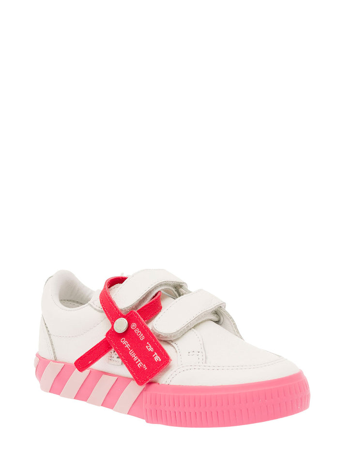 White Low Top Velcro Sneakers With Zip Tie Logo Detail Leather Girl Cotton