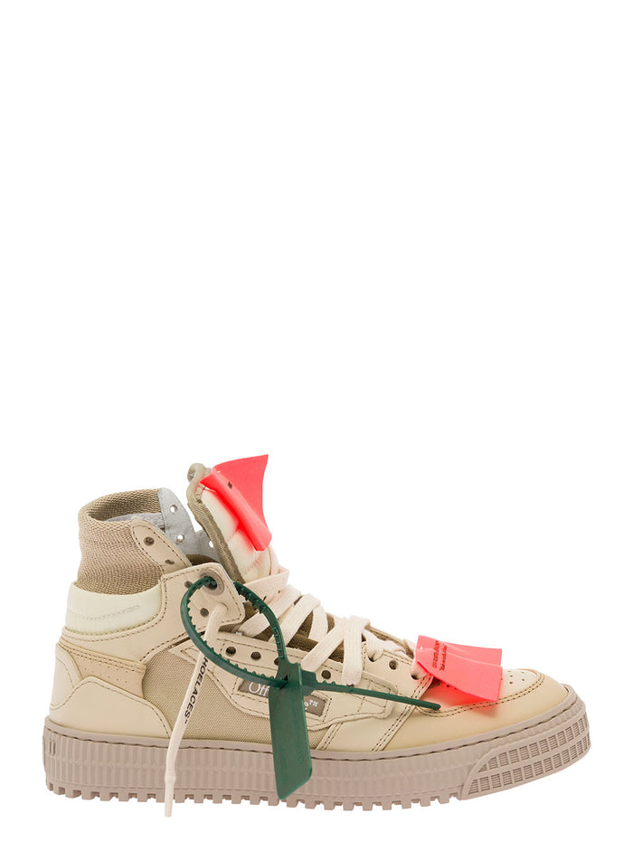 Beige High-Top Sneakers With Logo Patch And Tag Leather Woman White Calf