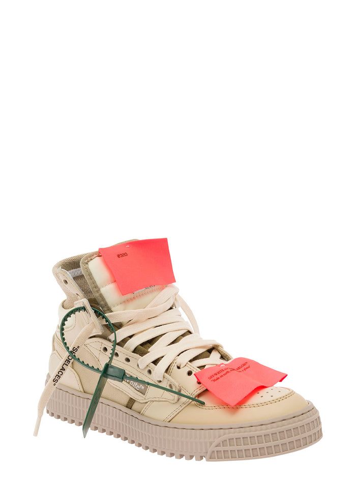 Beige High-Top Sneakers With Logo Patch And Tag Leather Woman White Calf