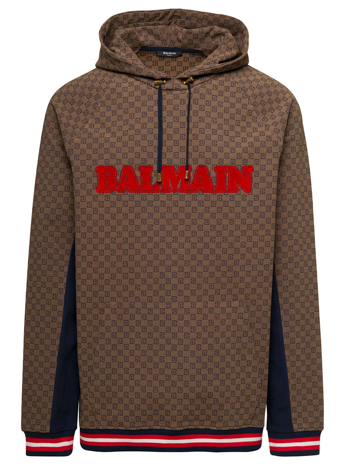 Brown Hoodie With All-Over Retro Monogram Print Cotton Man Organic Sweatshirts