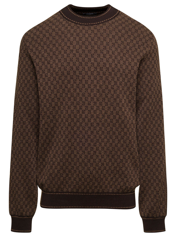 Brown Crewneck Sweater With All-Over Retro Monogram Print Stretch Wool Man Merino Elastane Jersey