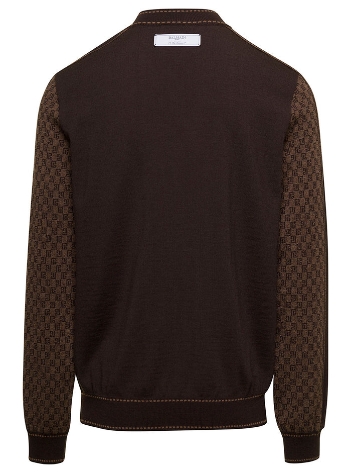 Brown Crewneck Sweater With All-Over Retro Monogram Print Stretch Wool Man Merino Elastane Jersey