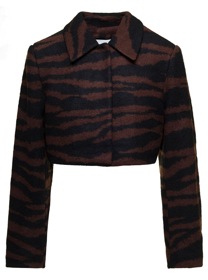 Brown Cropped Jacket With Zebra Motif Wool Woman