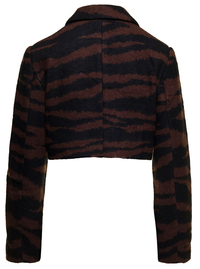 Brown Cropped Jacket With Zebra Motif Wool Woman