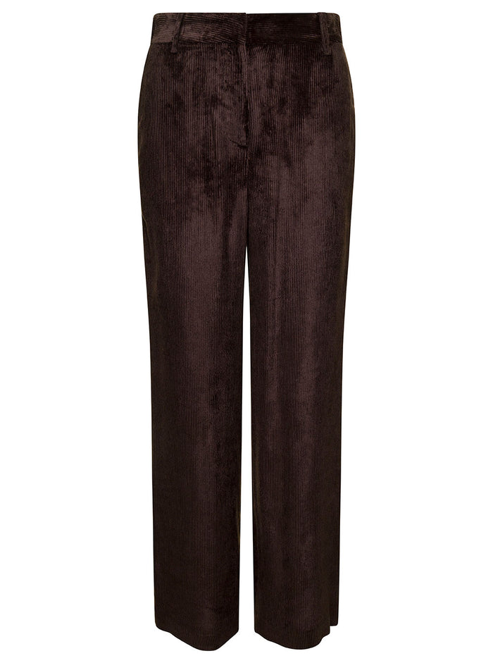 Black Straight Pants With Concealed Fastening Corduroy Woman Brown Trousers