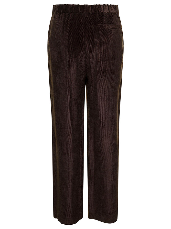 Black Straight Pants With Concealed Fastening Corduroy Woman Brown Trousers