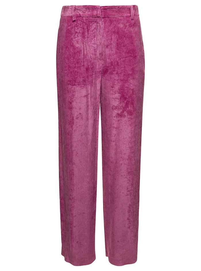 Pink Straight Pants With Concealed Fastening Corduroy Woman Trousers