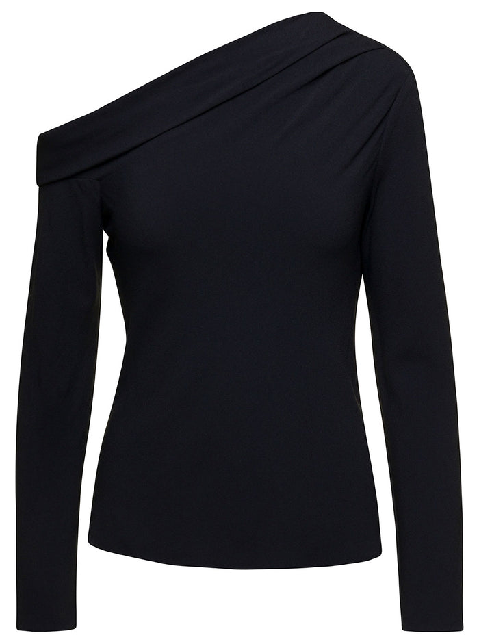 Black Off-Shoulder Fitted Top Viscose Blend Woman Acetate Shirts And Blouses