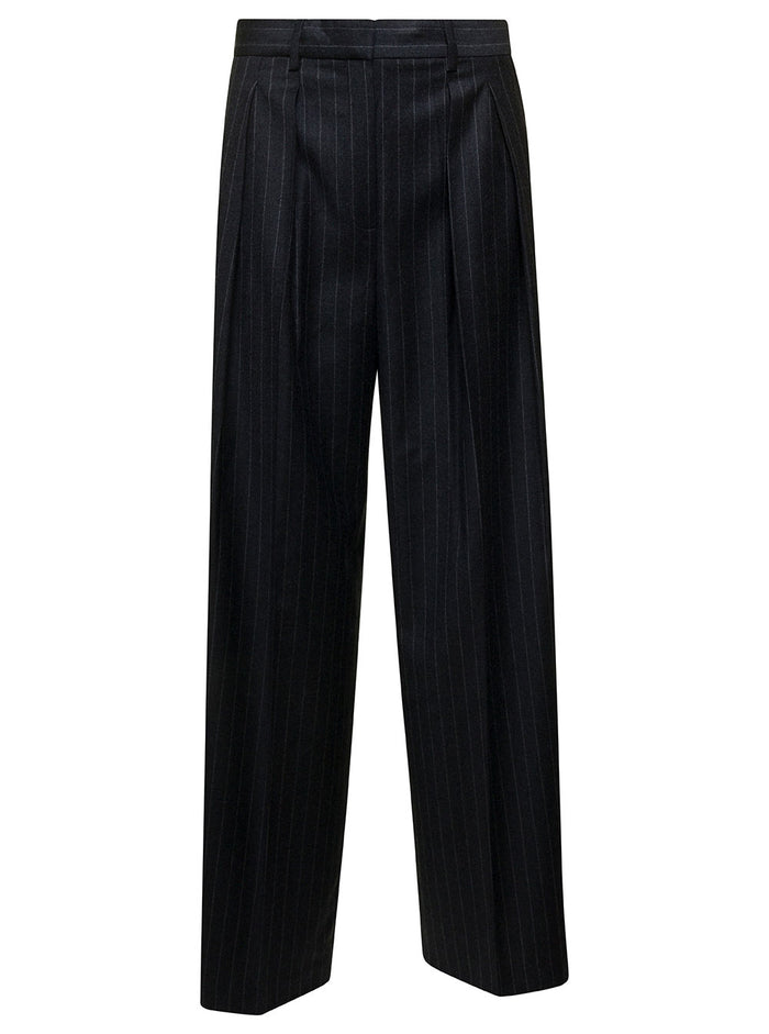 Dark Grey Tailored Pinstripe Pants Wool Woman Virgin Trousers