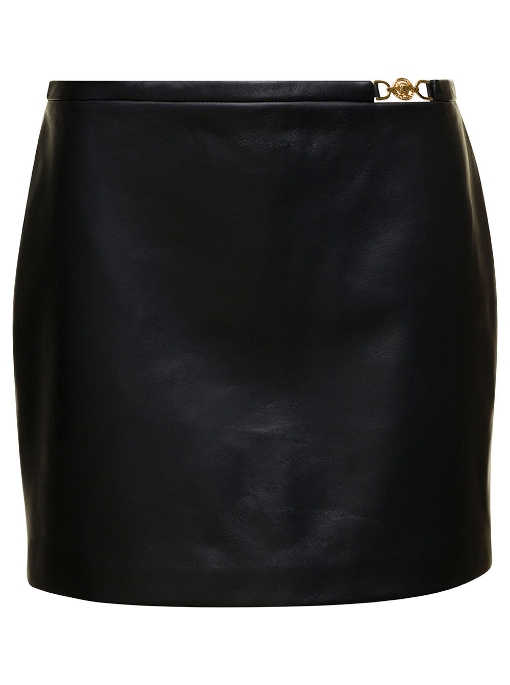 Black Mini-Skirt With Medusa Detail Smooth Leather Woman