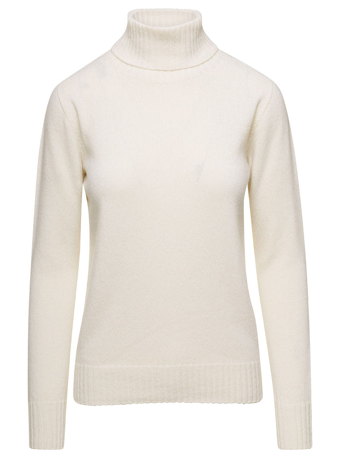 White Turtleneck Sweater With Ribbed Trim Cashmere Man Jersey