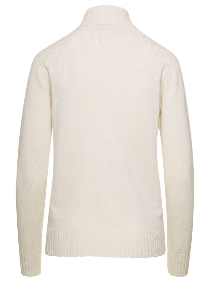 White Turtleneck Sweater With Ribbed Trim Cashmere Man Jersey