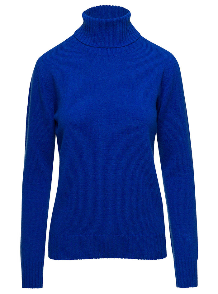 Blue Turtleneck Sweater With Ribbed Trim Cashmere Man Blu Jersey