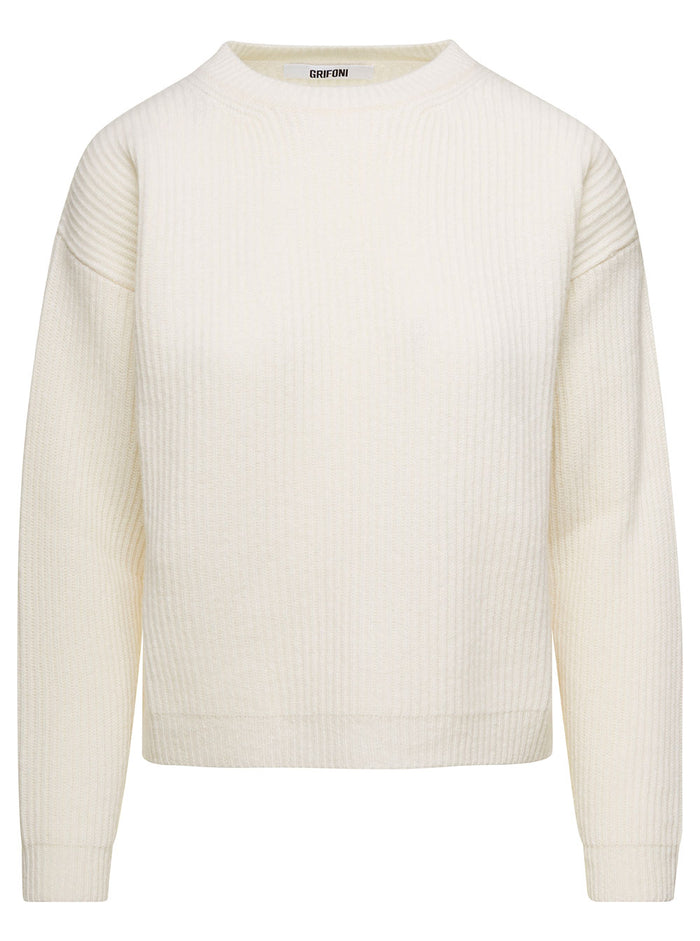 White Ribbed Sweater With Drop Shoulders Woman Jersey