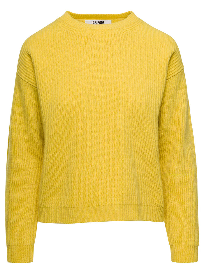Yellow Ribbed Sweater With Drop Shoulders Woman Jersey
