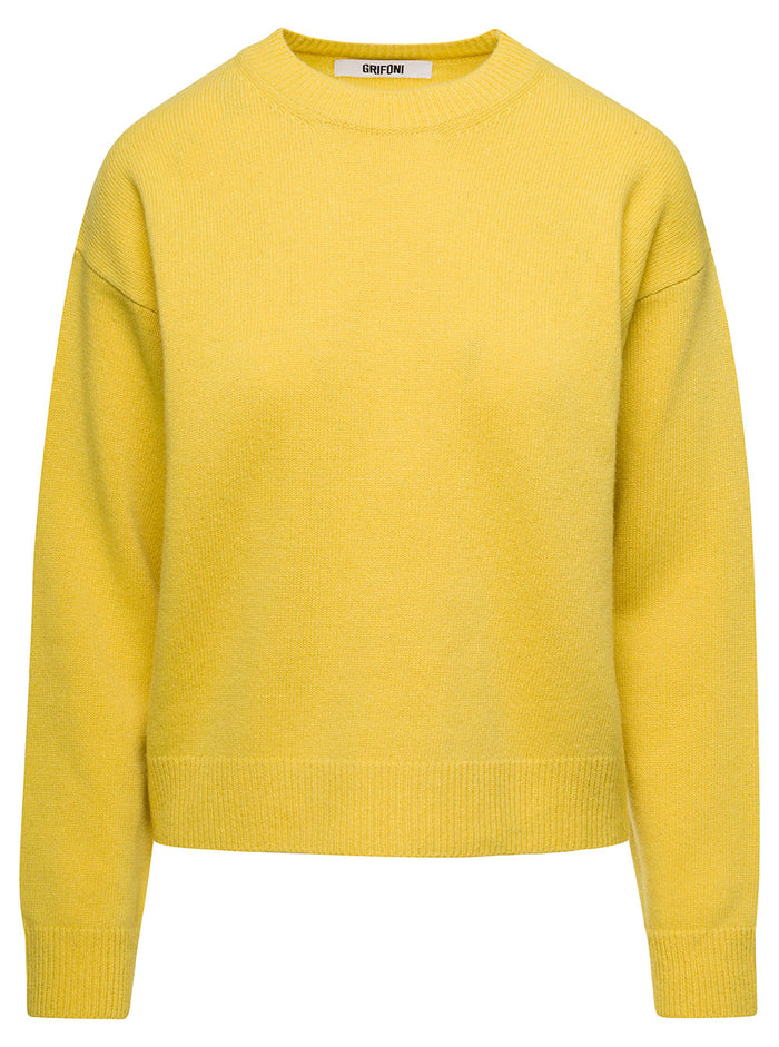 Yellow Crewneck Sweater With Ribbed Trim Wool Woman Jersey