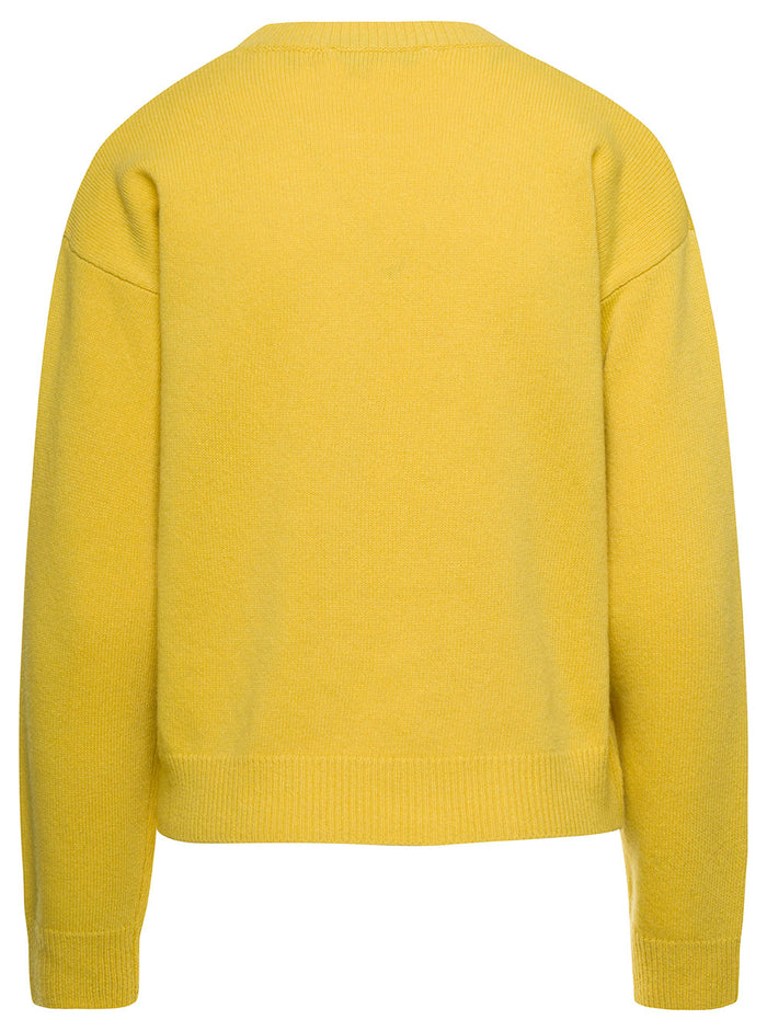 Yellow Crewneck Sweater With Ribbed Trim Wool Woman Jersey