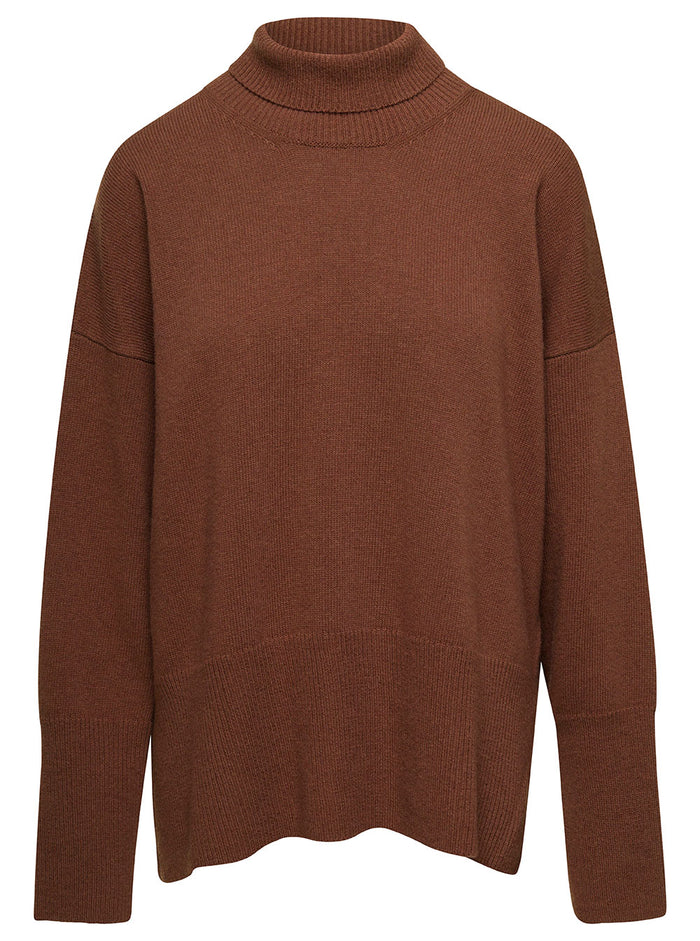 Brown Loose Sweater With Turtleneck And Ribbed Trim Woman Jersey