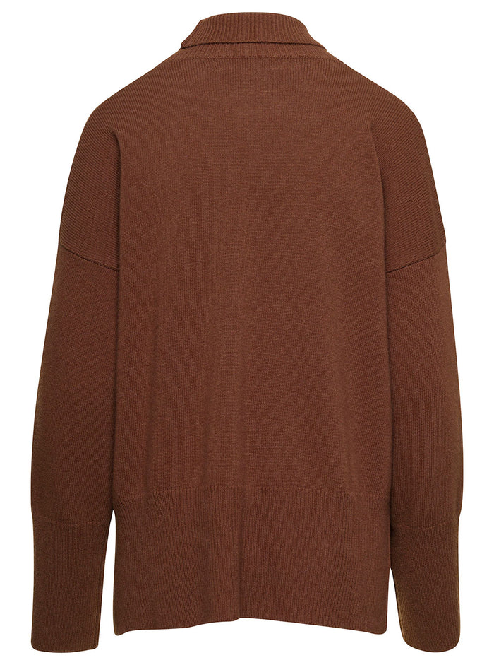 Brown Loose Sweater With Turtleneck And Ribbed Trim Woman Jersey