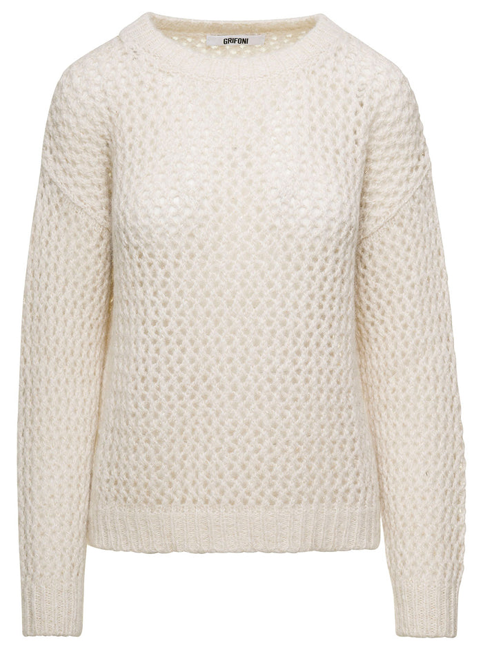 White Sweater With Drop Shoulders And Cut-Out Woman Jersey
