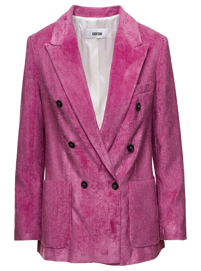 Loose Pink Double-Breasted Jacket With Patch Pockets Corduroy Woman Blazers