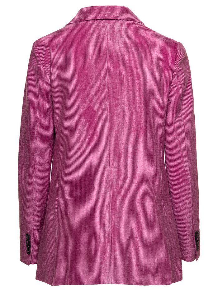 Loose Pink Double-Breasted Jacket With Patch Pockets Corduroy Woman Blazers
