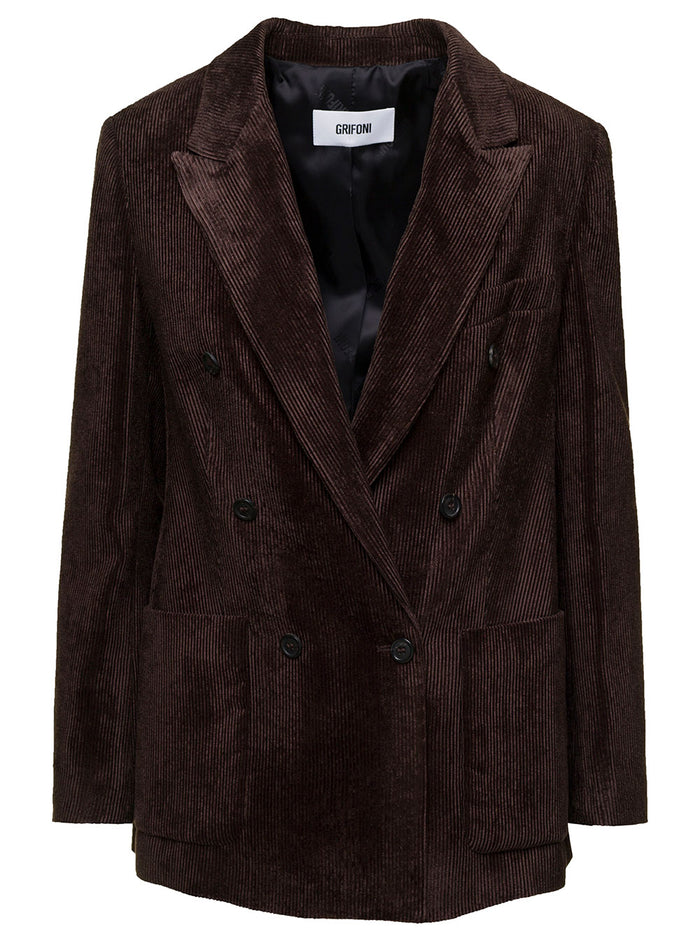 Loose Brown Double-Breasted Jacket With Patch Pockets Corduroy Woman Blazers
