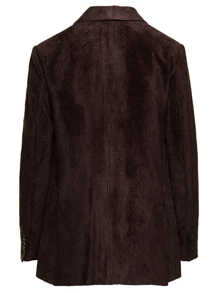 Loose Brown Double-Breasted Jacket With Patch Pockets Corduroy Woman Blazers
